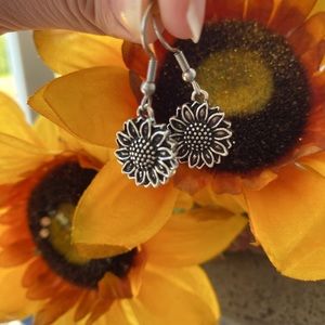 Silver SunFlower Drop Earrings | Cheerful Sunflower Accessories | Discount Ship